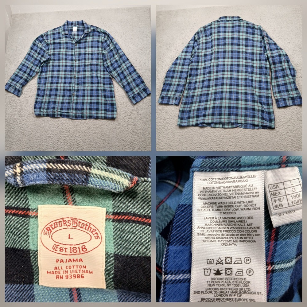 Brooks Brothers Pajama Top‎ Men's L Blue Plaid Long Sleeve Cotton Button